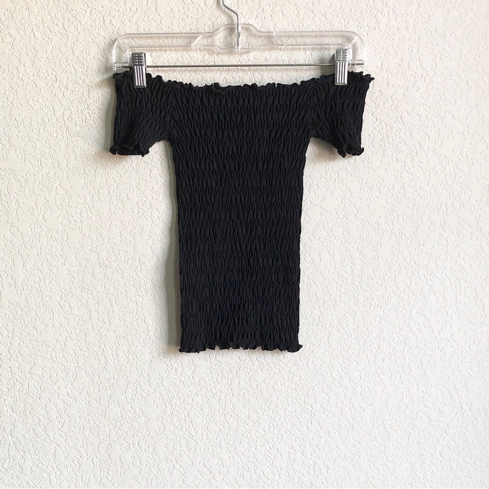 Intimately Free People Smocked Off Shoulder Top Black Lettuce Hem XS/S